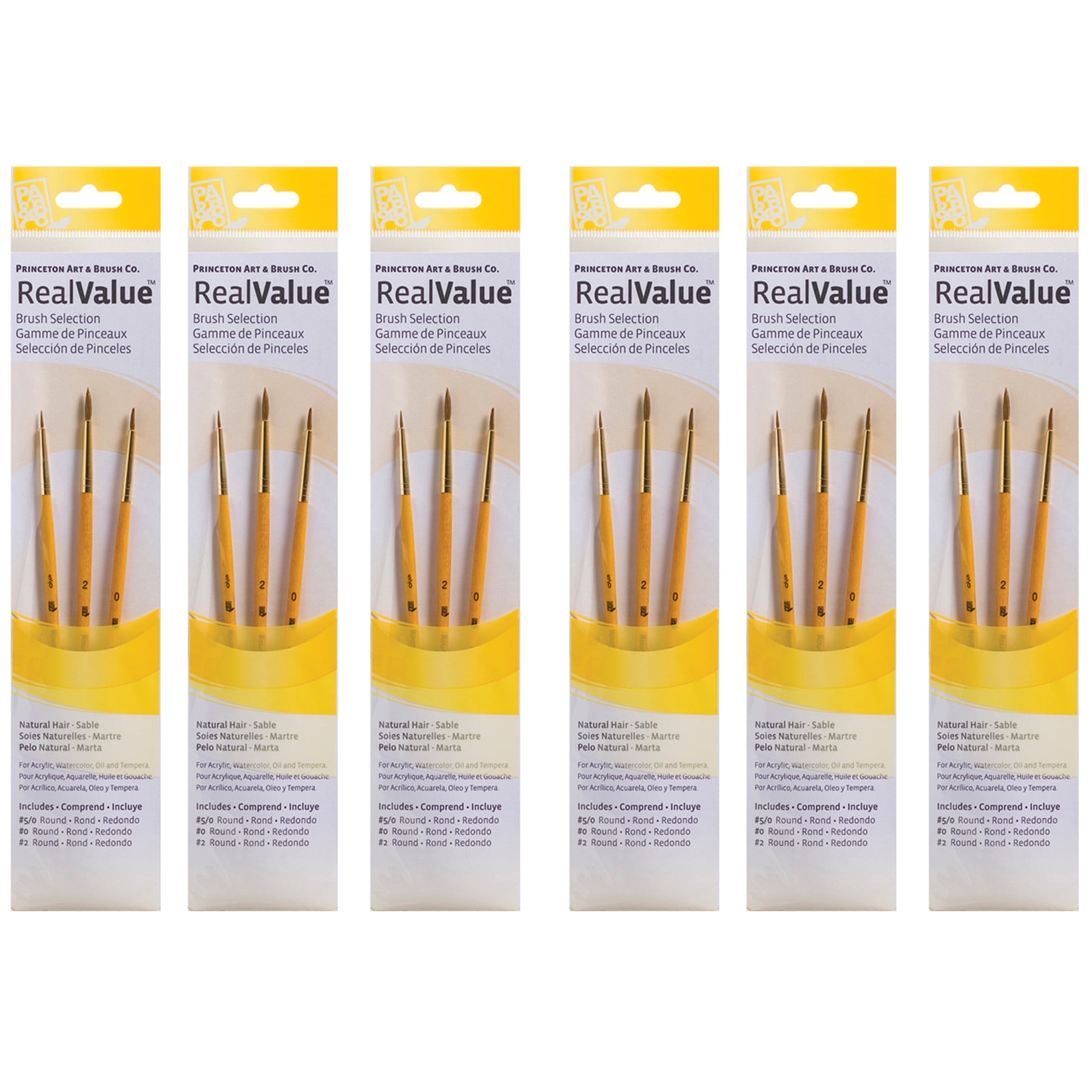 Princeton RealValue Round Brush Set, Camel Bristles, Short Handle Mixed Media Paintbrush, Yellow, 3 Per Set, 6 Sets