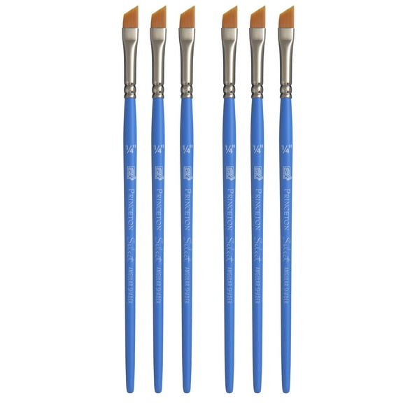 Princeton Select Artiste Angle Shader Brush, Synthetic Bristles, Short Handle Mixed Media Paintbrush, Jewel Blue, Size 1/4 inch, Pack of 6