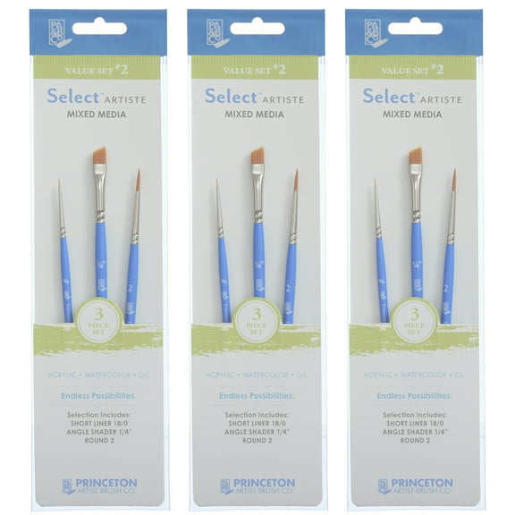 Princeton Select Artiste Brush Set No. 2, Synthetic Bristles, Short Handle Mixed Media Paintbrush, Jewel Blue, 3 Per Set, 3 Sets