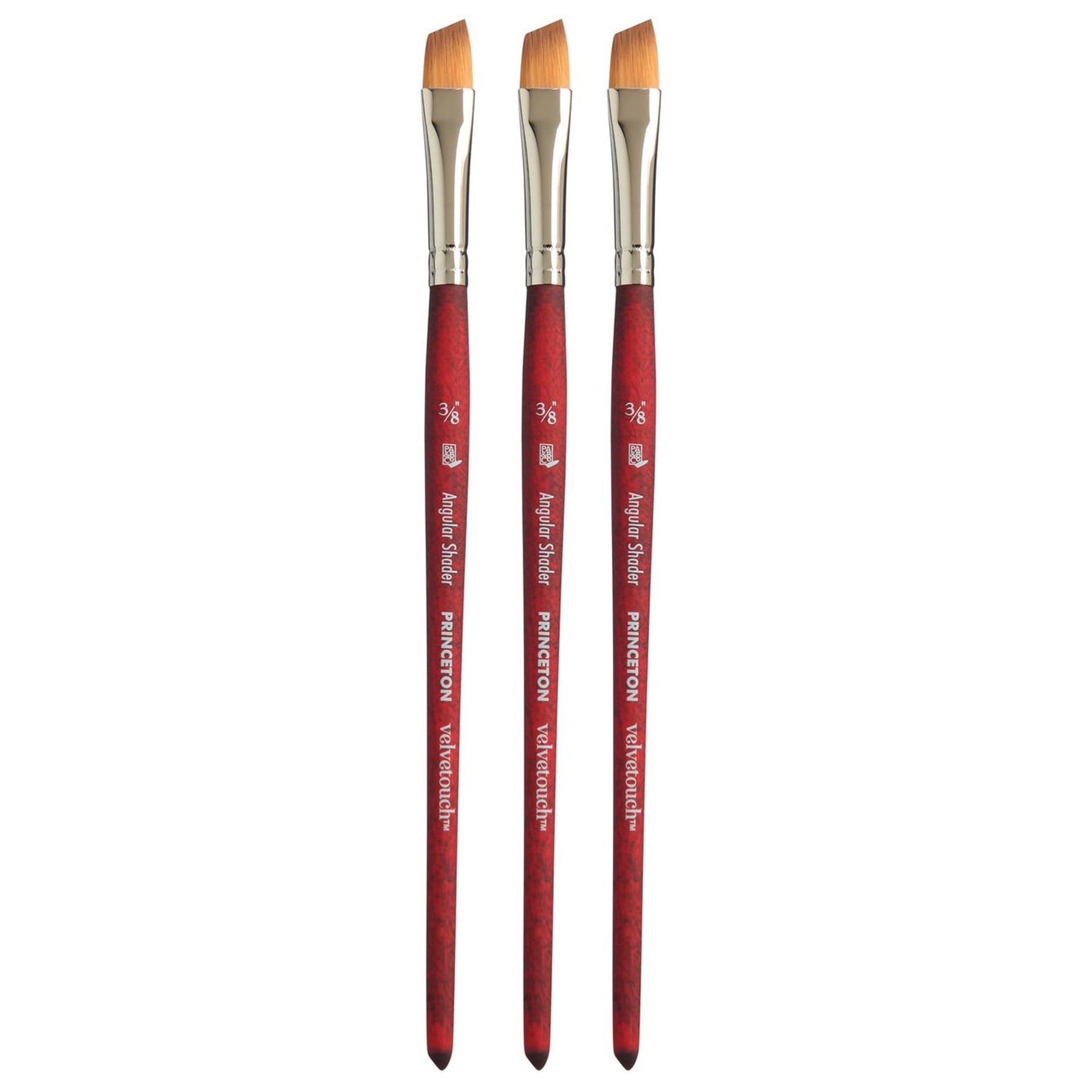 Princeton Velvetouch Angle Shader Brush, Synthetic Bristles, Short Handle Mixed Media Paint Brush, Scarlet, Size 3/8 inch, Pack of 3