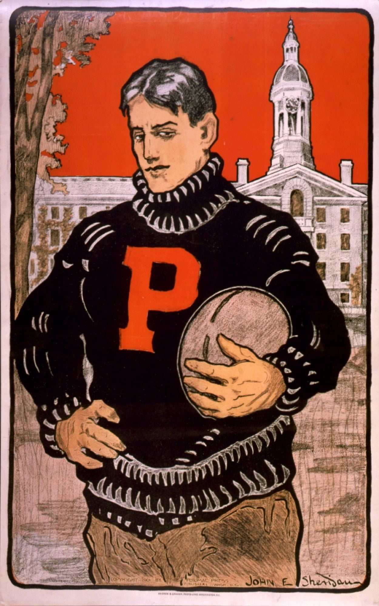 Princeton student with football c1901 Canvas Art - John E Sheridan (24 x 36)
