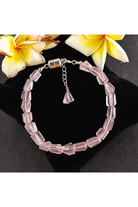 Natural Rose Quartz Crystal Stone Beaded Handmade Bangle Bracelet For Women, Birthstone Crystals and Healing Stones, Rhodium Plated 925 Sterling Silver 8 Inch, Love Stone Gift for Her