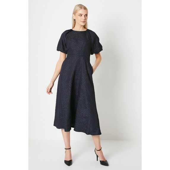 Principles Womens Jacquard Puff Sleeve Midi Dress