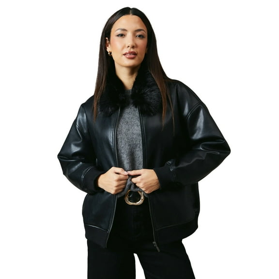Principles Womens Leather Faux Fur Collar Bomber Jacket