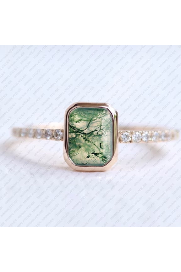 Moss Agate Ring, Bezel Set Wedding Ring Gold Plated Emerald Cut Gemstone Ring, April Birthstone Ring