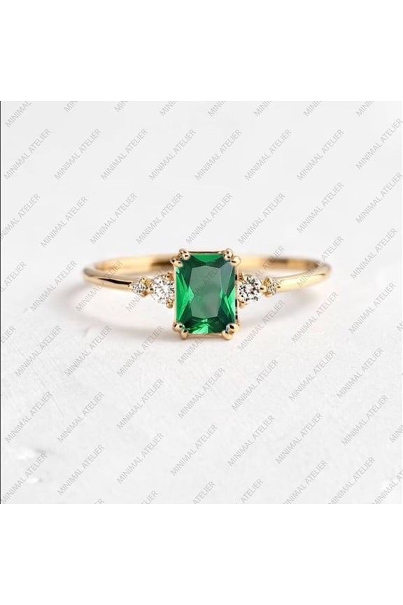 Radiant Cut Emerald Engagement Ring, Solid 14k Yellow Gold Plated Ring