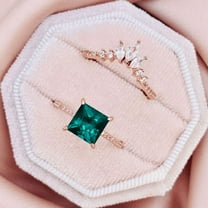 Prinecess Cut Emerald Engagement Ring Set- 14K Rose Gold Vermeil- Stacking Ring- May Birthstone