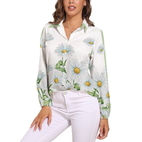 Pring Flower Watercolor Daisy Long Sleeve Blouse Woman Streetwear Casual Shirts Summer Oversize Woman Streetwear Clothing Birthday Present
