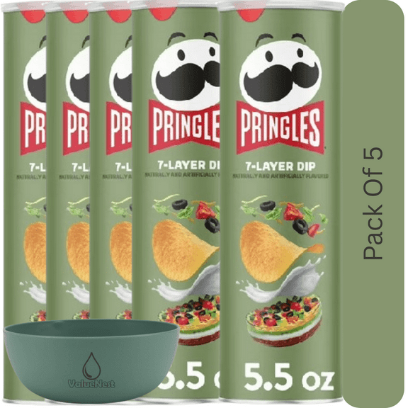 Pringles 7-Layer Dip Flavored Potato Crisps, Bold Lunch Snacks, 5.5 oz Can With Olive Green Bowl By ValueNest