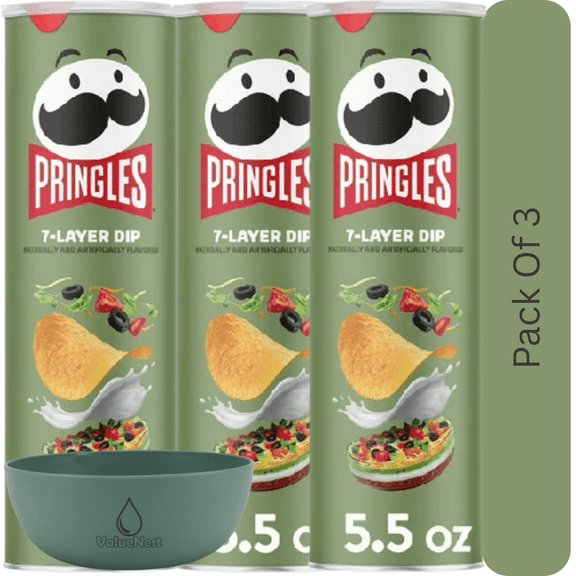 Pringles 7-Layer Dip Flavored Potato Crisps, Crunchy Snack Chips, 5.5 oz Can With Olive Green Bowl By ValueNest