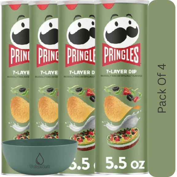 Pringles 7-Layer Dip Potato Crisps, Party Snack Chips, 5.5 oz Canister With Olive Green Bowl By ValueNest