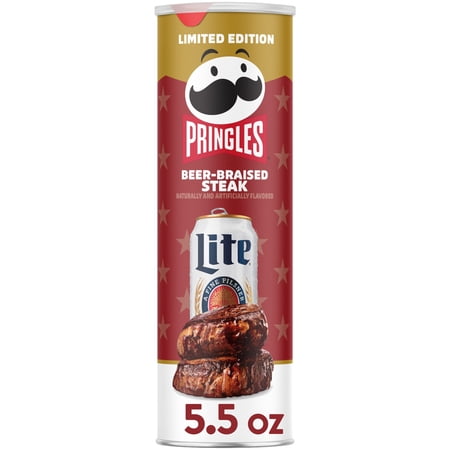 Pringles Beer-Braised Steak Potato Crisps Chips, Lunch Snacks, 5.5 oz Canister