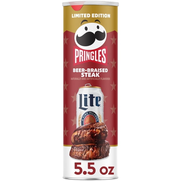 Pringles Beer-Braised Steak Potato Crisps Chips, Lunch Snacks, 5.5 oz Canister