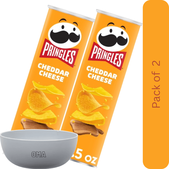 Pringles Cheddar Cheese Potato Crisps, 2 Pack (5.5 oz Each)  with Bowl by OMA