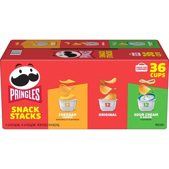Pringles Snack Stacks potato crisps, 36 cups with Cheddar Cheese, Original, and Sour Cream and Onion flavors