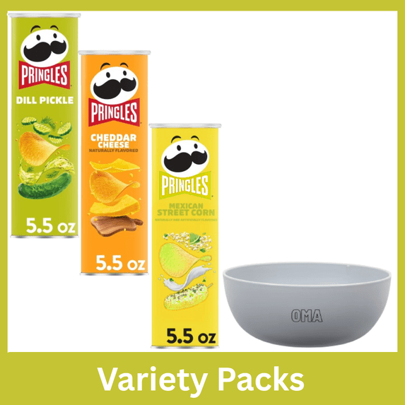 Pringles Dill Pickle (5.5 oz) & Cheddar Cheese (5.5 oz) & Elote Mexican Street Corn (5.5 oz) Variety Pack with Bowl by OMA