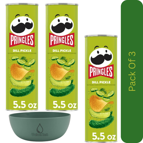 Pringles Dill Pickle Potato Crisps 5.5 oz Canister, Crunchy Lunch Snacks With Olive Green Bowl By ValueNest