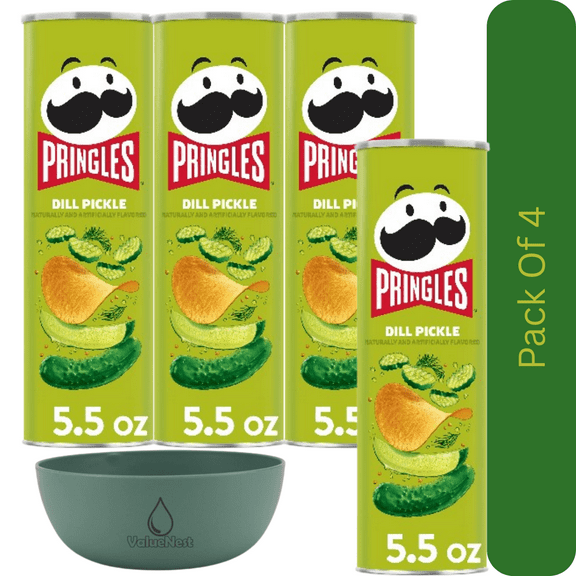 Pringles Dill Pickle Potato Crisps 5.5 oz Canister, Crunchy Snack Chips With Olive Green Bowl By ValueNest