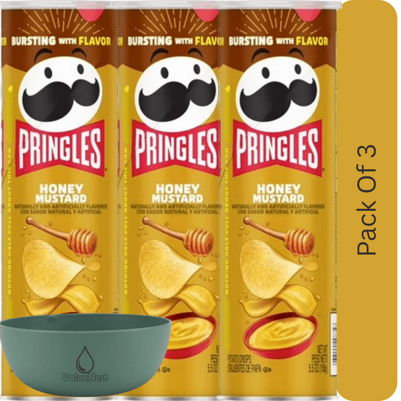 Pringles Honey Mustard Flavored Potato Crisps, Crispy Lunch Snacks, 5.5 oz Can With Olive Green Bowl By ValueNest