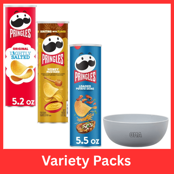 Pringles Lightly Salted Original Potato Crisps (5.2 oz) & Honey Mustard (5.5 oz) & Loaded Potato Skins (5.5 oz) Variety Pack with Bowl by OMA