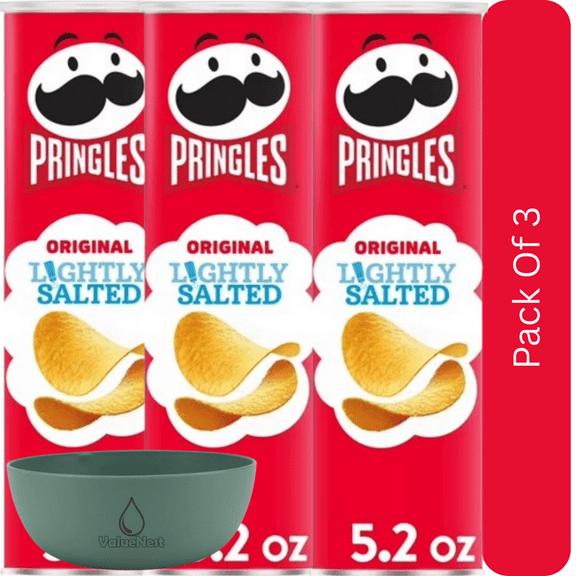 Pringles Lightly Salted Original Potato Crisps Chips, Smart Lunch Snacks, 5.2 oz Can With Olive Green Bowl By ValueNest