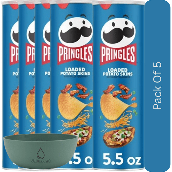 Pringles Loaded Potato Skins Flavored Potato Crisps, Party Lunch Snacks, 5.5 oz Can With Olive Green Bowl By ValueNest