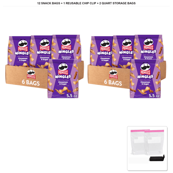 Pringles Mingles Cinnamon Sugar Puffed Snacks, 12 Bags x 5.5 oz + 1x Reusable Chip Clip & 2x Quart Resealable Food Storage Bags