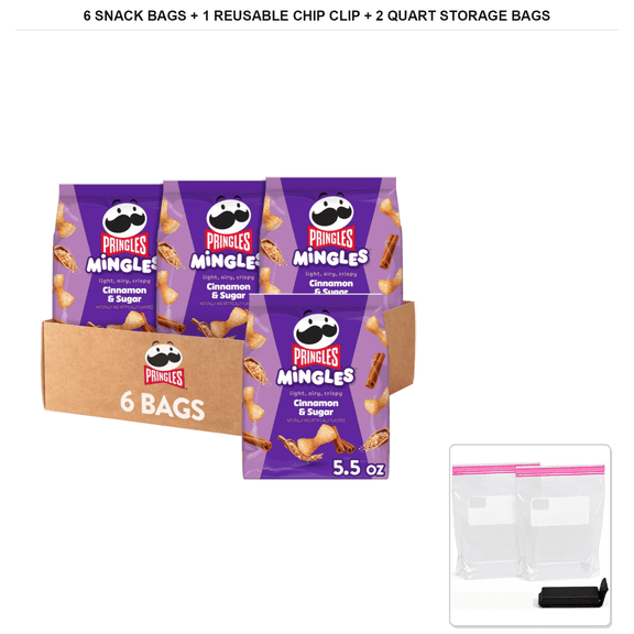 Pringles Mingles Cinnamon Sugar Puffed Snacks, 6 Bags x 5.5 oz + 1x Reusable Chip Clip & 2x Quart Resealable Food Storage Bags
