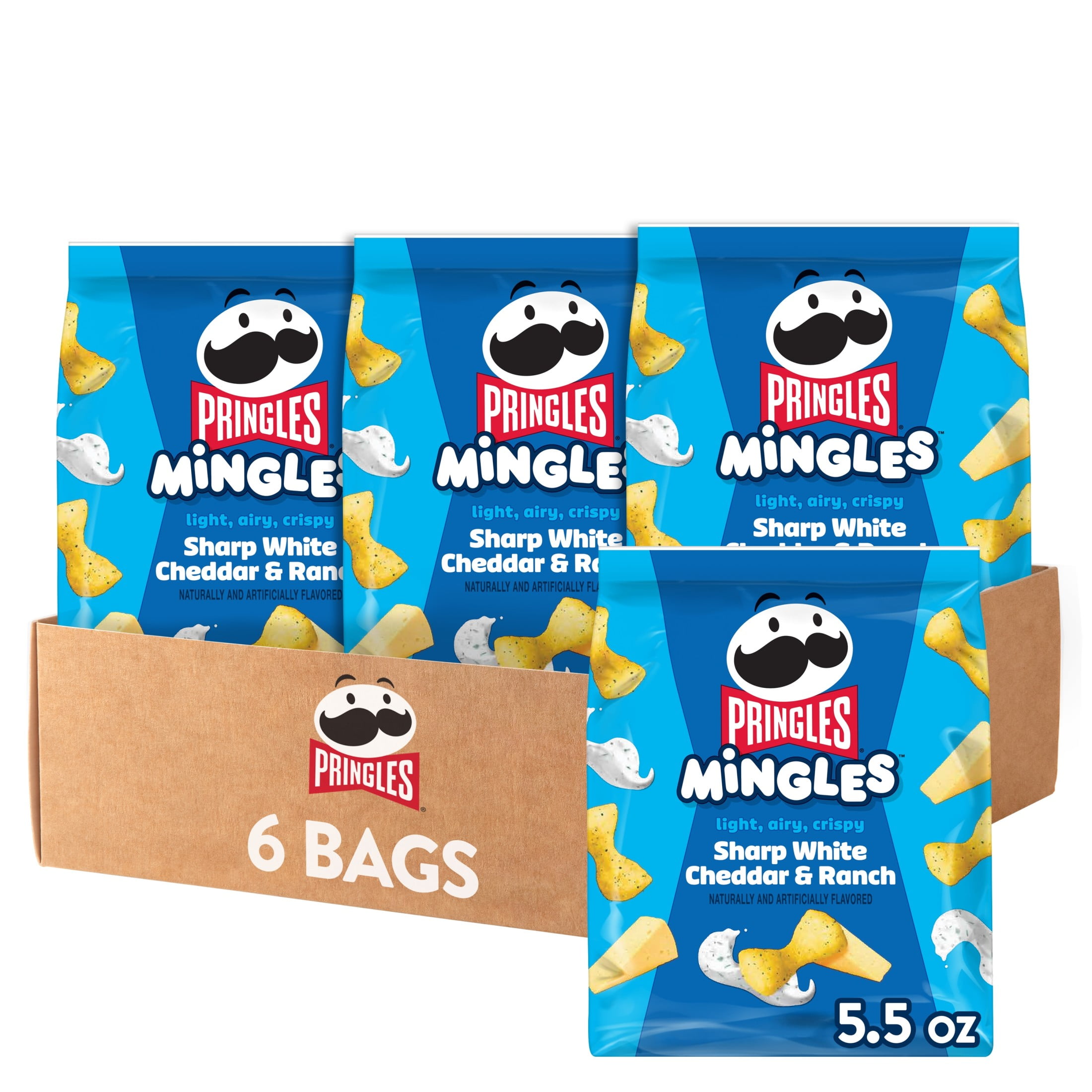 Pringles Mingles Sharp White Cheddar and Ranch Puffed Snacks, Cheese Puffs, 6 Count