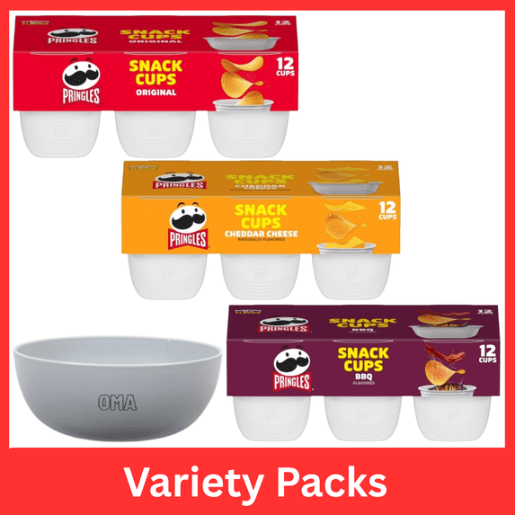 Pringles Original Potato Crisps Chips 12 Count & BBQ Potato Crisps Chips 12 Count & Cheddar Cheese Potato Crisps Chips 12 Count Variety Pack with Bowl by OMA