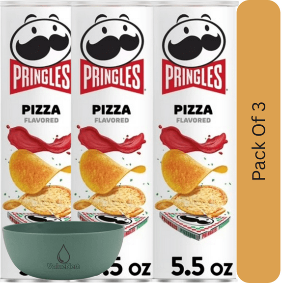 Pringles Pizza Potato Crisps Chips, Bold Snack Flavor, 5.5 oz Can With Olive Green Bowl By ValueNest