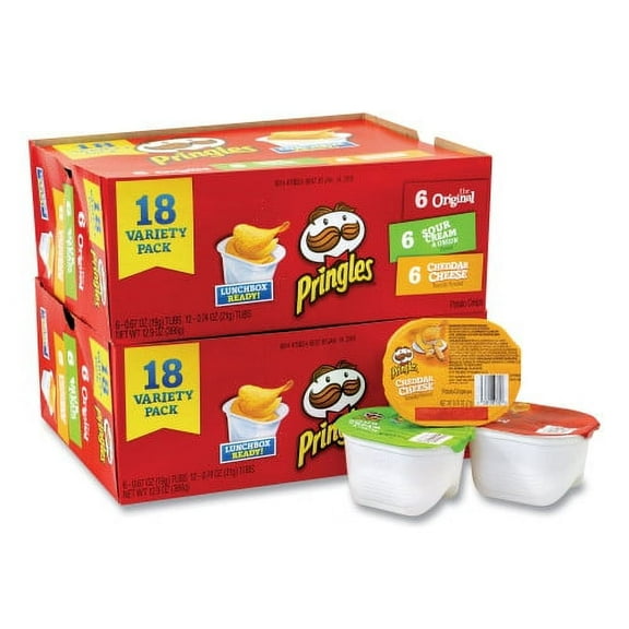Pringles Potato Chips, Assorted, 0.67 oz Tub, 18 Tubs/Box, 2 Boxes/Carton, Delivered in 1-4 Business Days