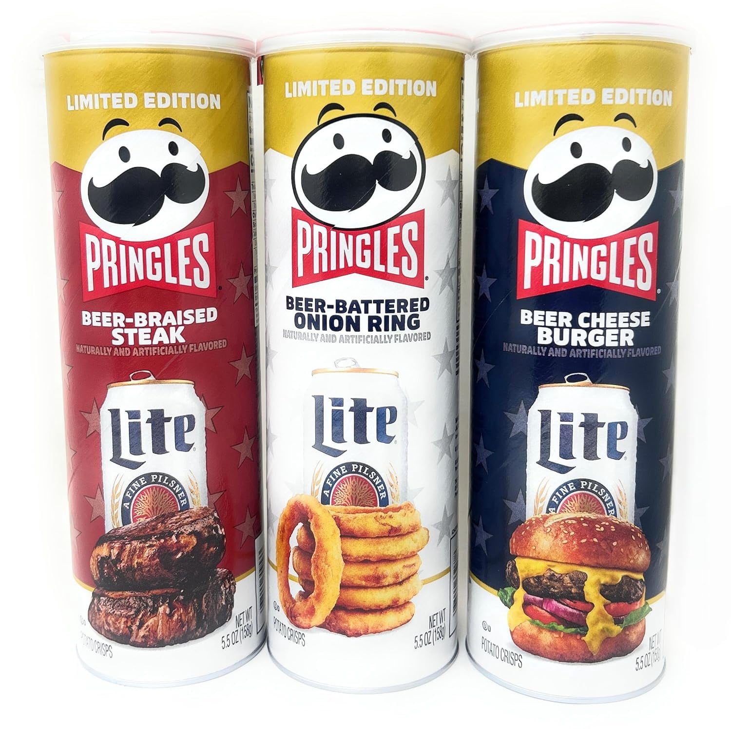Pringles Potato Chips Beer Variety Set 5.5oz - 3 cans (Beer-Braised Steak, Beer-Battered Onion Ring, Beer Cheese Burger)