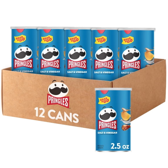 Pringles Potato Crisps Chips, Lunch Snacks, On-The-Go Snacks, Grab n' Go, Salt and Vinegar (12 Cans)