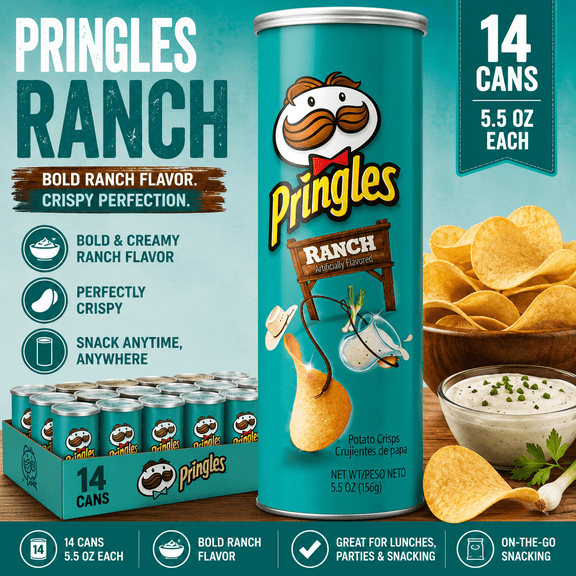 Pringles Ranch Potato Crisps Snack Chips, 5.5 oz Cans, 14 Count Multipack