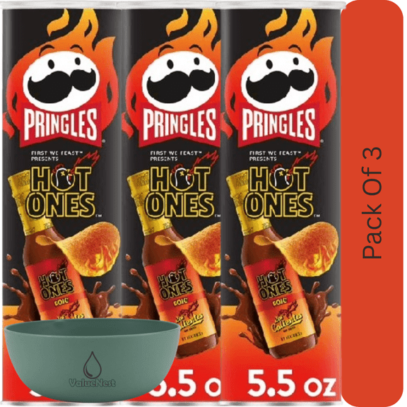 Pringles Rojo Flavored Potato Crisps, Lunch Snack Chips, 5.5 oz Can With Olive Green Bowl By ValueNest