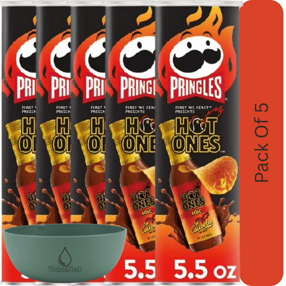 Pringles Rojo Potato Crisp Chips, Bold Spicy Snack, 5.5 oz Can With Olive Green Bowl By ValueNest