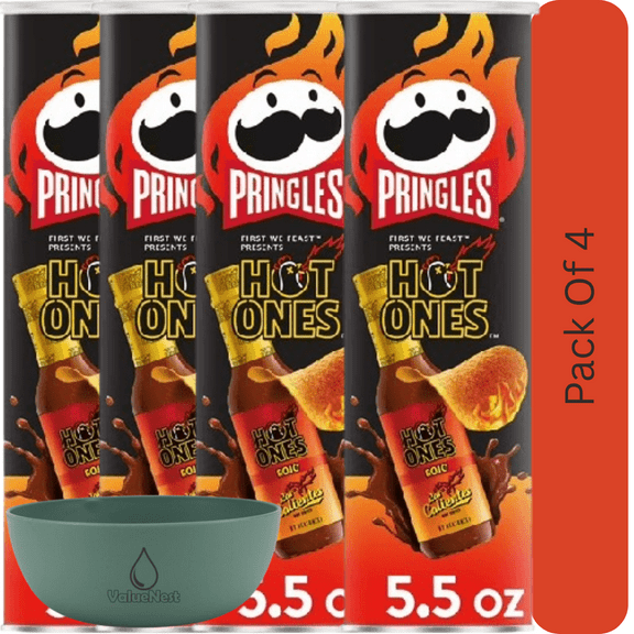 Pringles Rojo Spicy Potato Crisps, Crunchy Snack Chips, 5.5 oz Canister With Olive Green Bowl By ValueNest