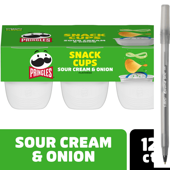 Pringles Snack Cups Sour Cream and Onion Potato Crisps Chips, Lunch Snacks, Snack Cups, 12 Count with pen