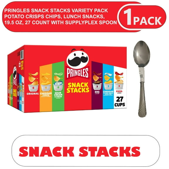 Pringles Snack Stacks Variety Pack Potato Crisps Chips, Lunch Snacks, 19.5 oz, 27 Count with supplyplex spoon