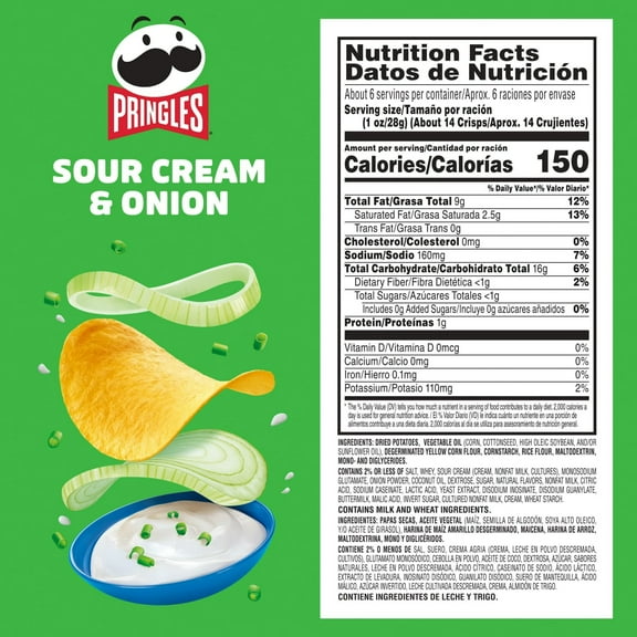 Pringles Sour Cream and Onion Potato Crisps Chips, Lunch Snacks, 5.5 oz Canister(2 Packs)