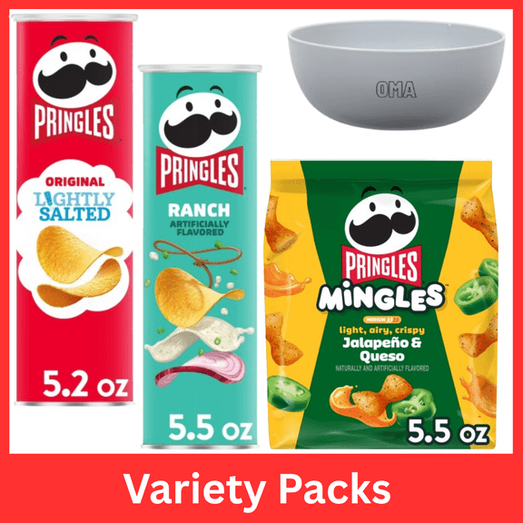 Pringles Variety Pack Lightly Salted Original Potato Crisps 5.2 oz, Ranch Potato Crisps 5.5 oz & Pringles Mingles Jalapeo Queso with Bowl by OMA