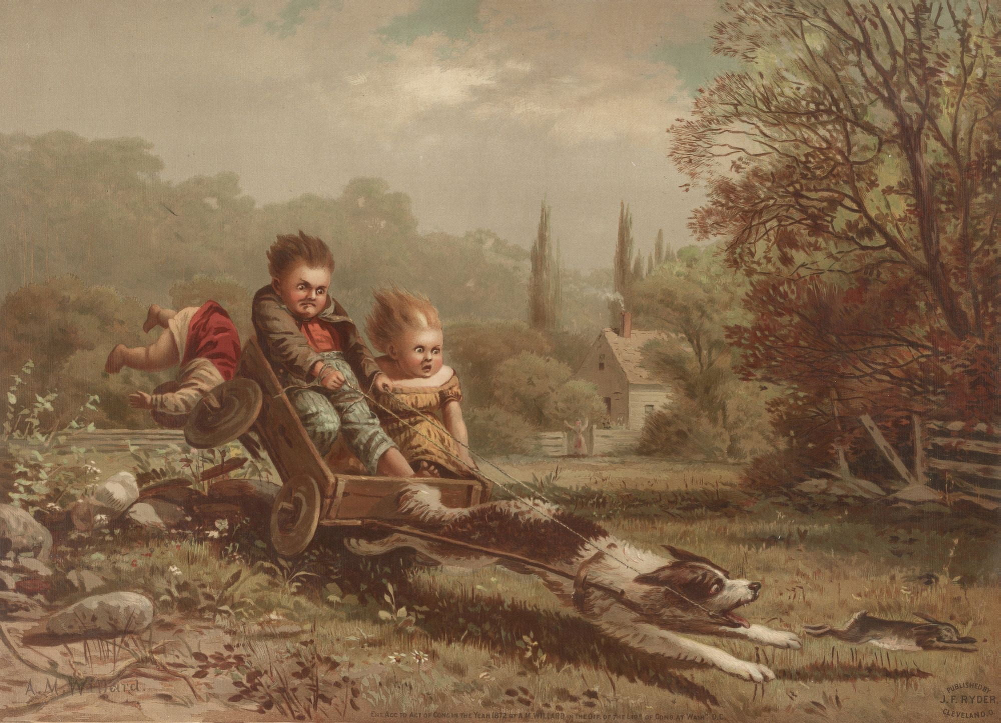 Print 1873 Children on a runaway cart with dog Canvas Art - Archibald M Willard (18 x 24)