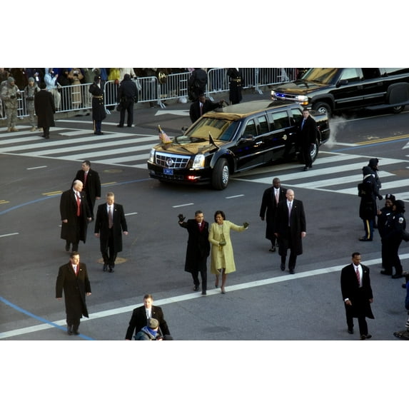 Print: 2009 Inaugural Parade, January 24th. Barack And Michelle Obama Walk