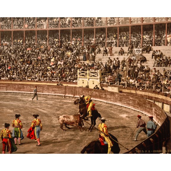 Print: A Bull Fight, Barcelona, Spain, circa 1890