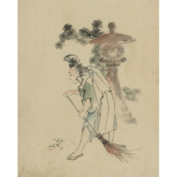 Print: A Man Sweeping Pine Needles That Have Fallen From A Tree Near A