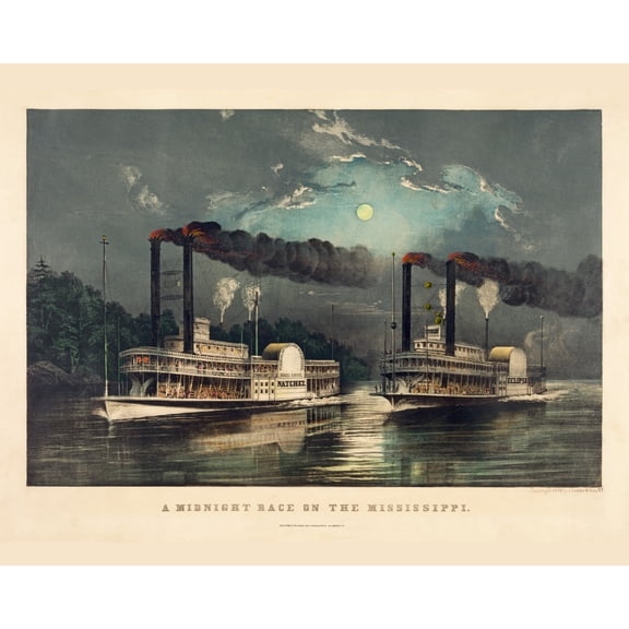 Print: A Midnight Race On The Mississippi, 1890