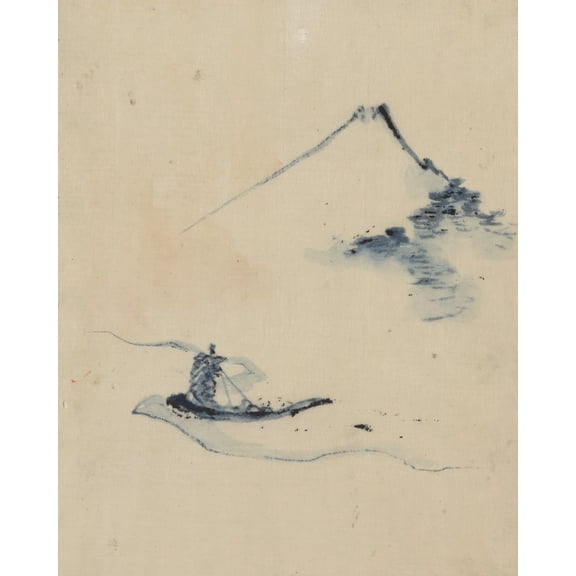Print: A Person In A Small Boat On A River With Mount Fuji In The
