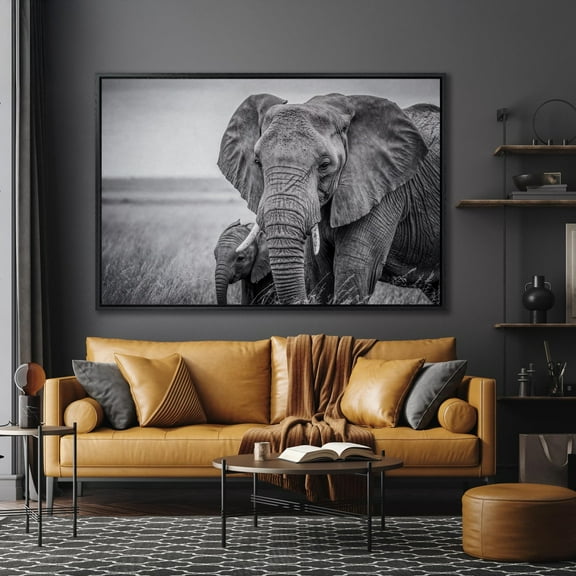 Print Animals in the Grass Black And White Wall Art Decor Family African Elephants Baby and Mom Wall Art Decor Child's Room Poster Decor, Size 24x36 UNFFRAMED F03.1.8l2757