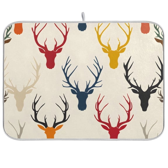 Print Antlers Deer Head Dish Drying Mat Dish Drainer Rack Mats Water Absorbent Non-Slip Easy Clean Heat Resistant for Kitchen Counter
